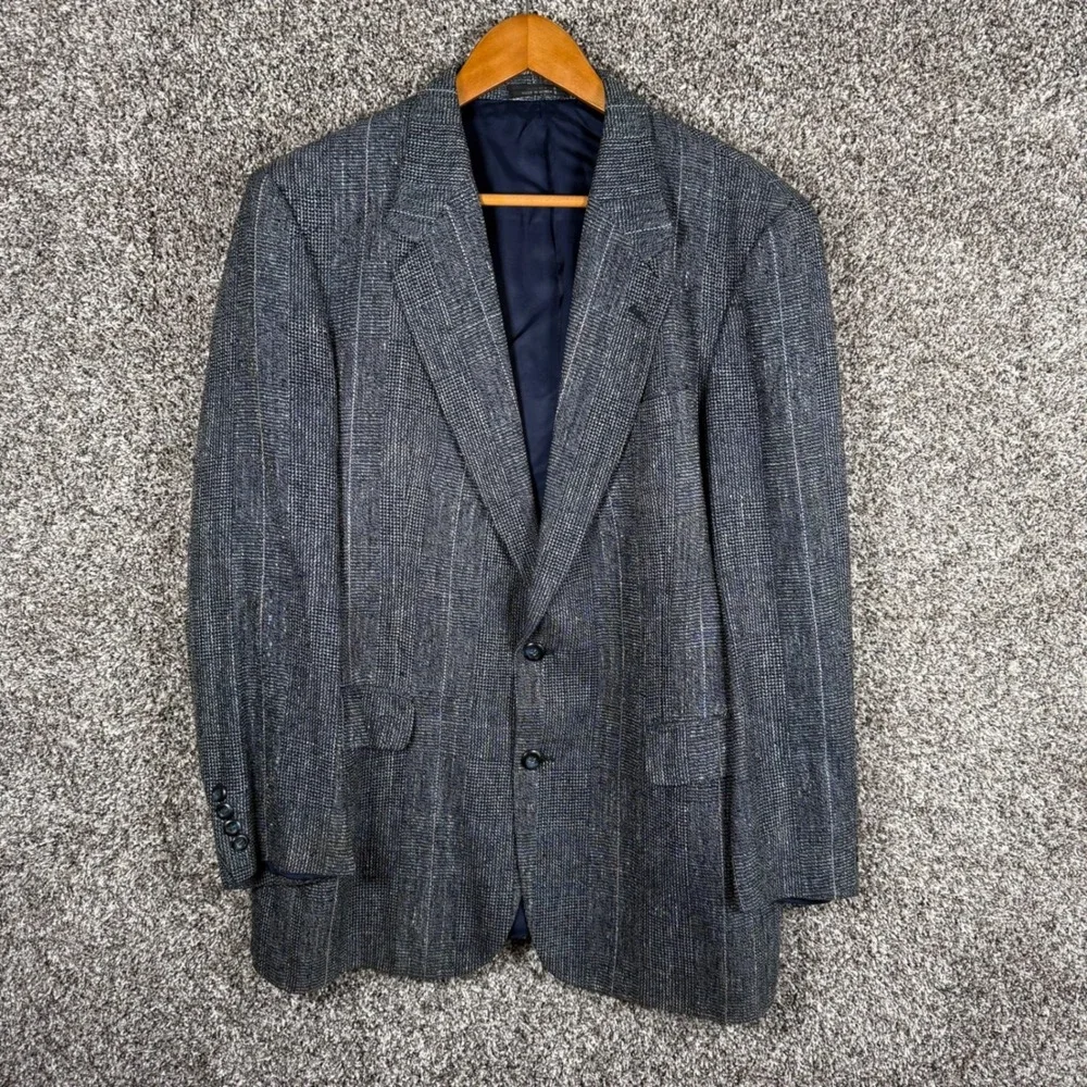 Stafford Executive Mens 100% Silk‎ Blazer Sport Coat Blue Grey Plaid 43R Texture